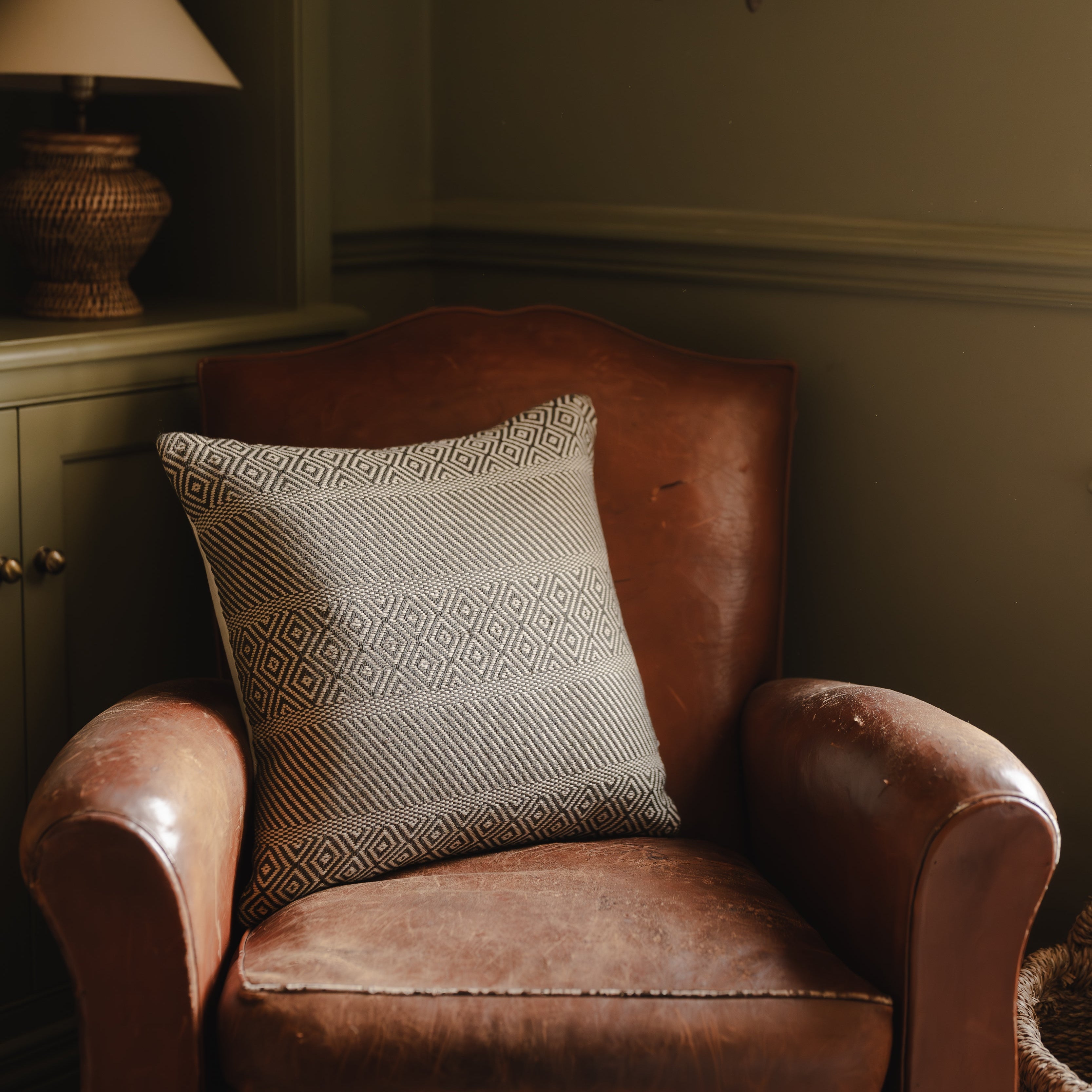 Brown armchair with a patterned pillow in a room with a shelf and lamp.