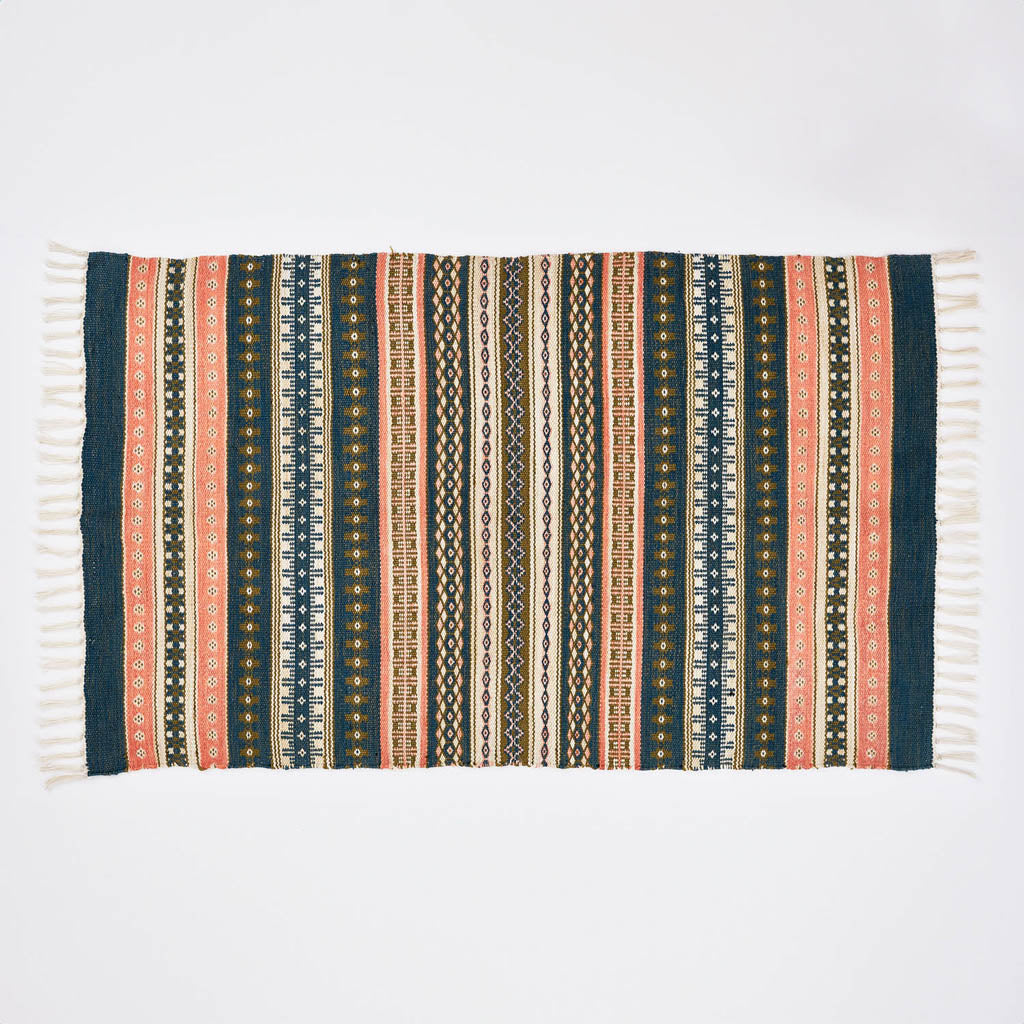 coral, blue and olive striped rug