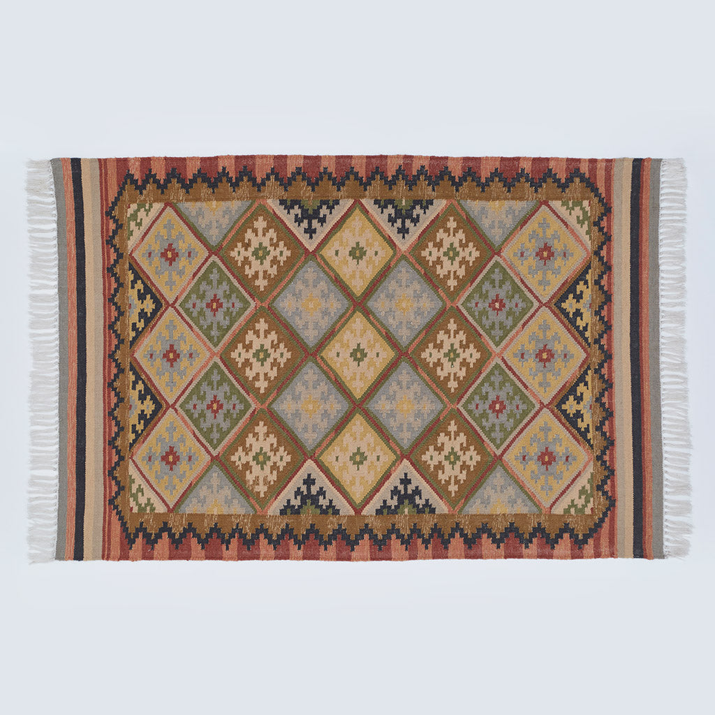 Geometric patterned rug in neutral brown, olive and yellow tones
