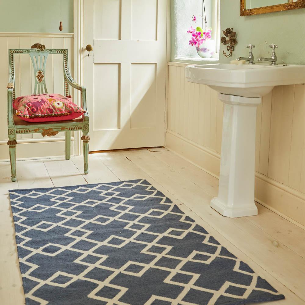 navy blue Juno Runner Rug in bathroom