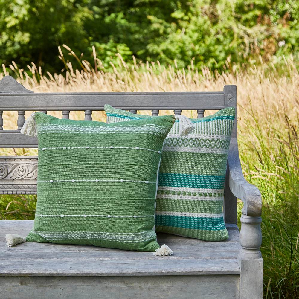 Green Tassel outdoor cushion. UV stable, mould resistant, machine washable and quick drying.