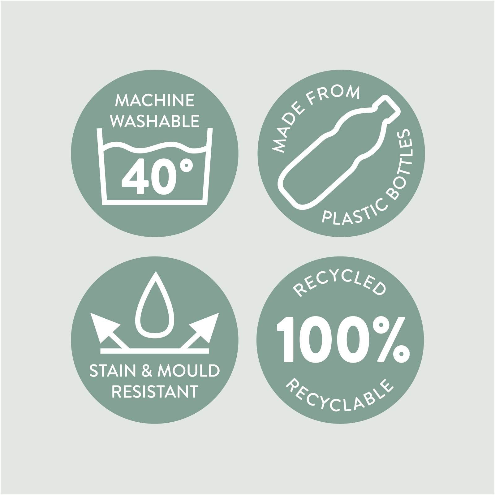 Set of green icons indicating machine washable at 40°C, made from plastic bottles, stain and mould resistant and 100% recycled and recyclable.