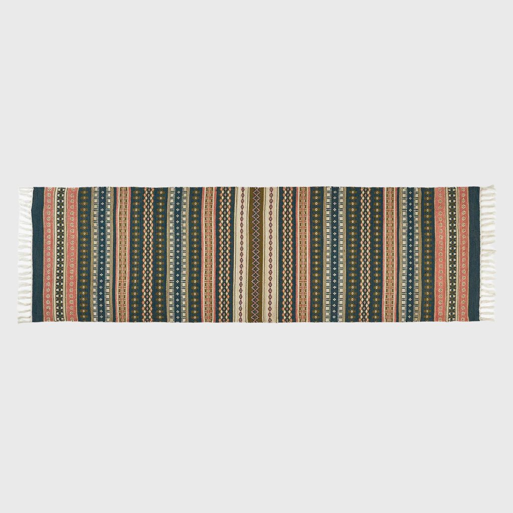 blue, olive and coral striped runner rug 