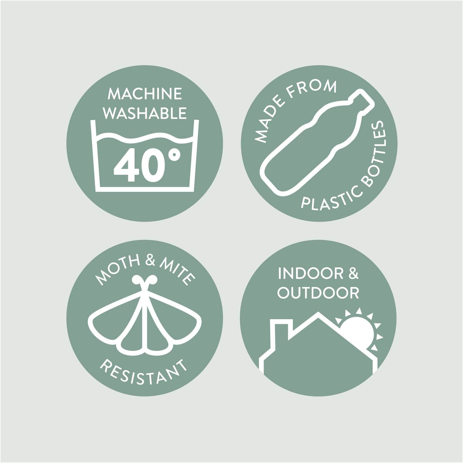 Set of green icons indicating machine washable at 40°C, made from plastic bottles, moth and mite resistant, and indoor and outdoor use.