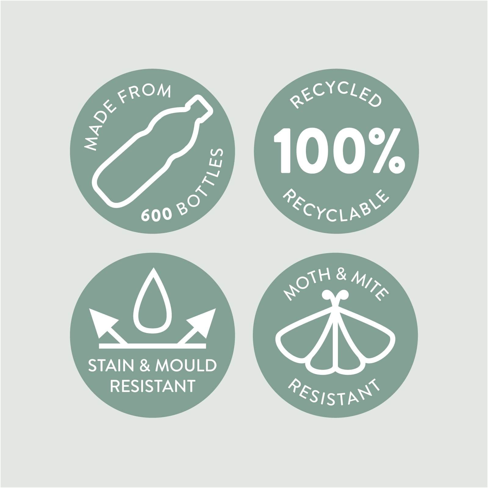 Set of green icons indicating, made from 600 plastic bottles, 100% recycled and recyclable, stain and mould resistant and moth and mite resistant.