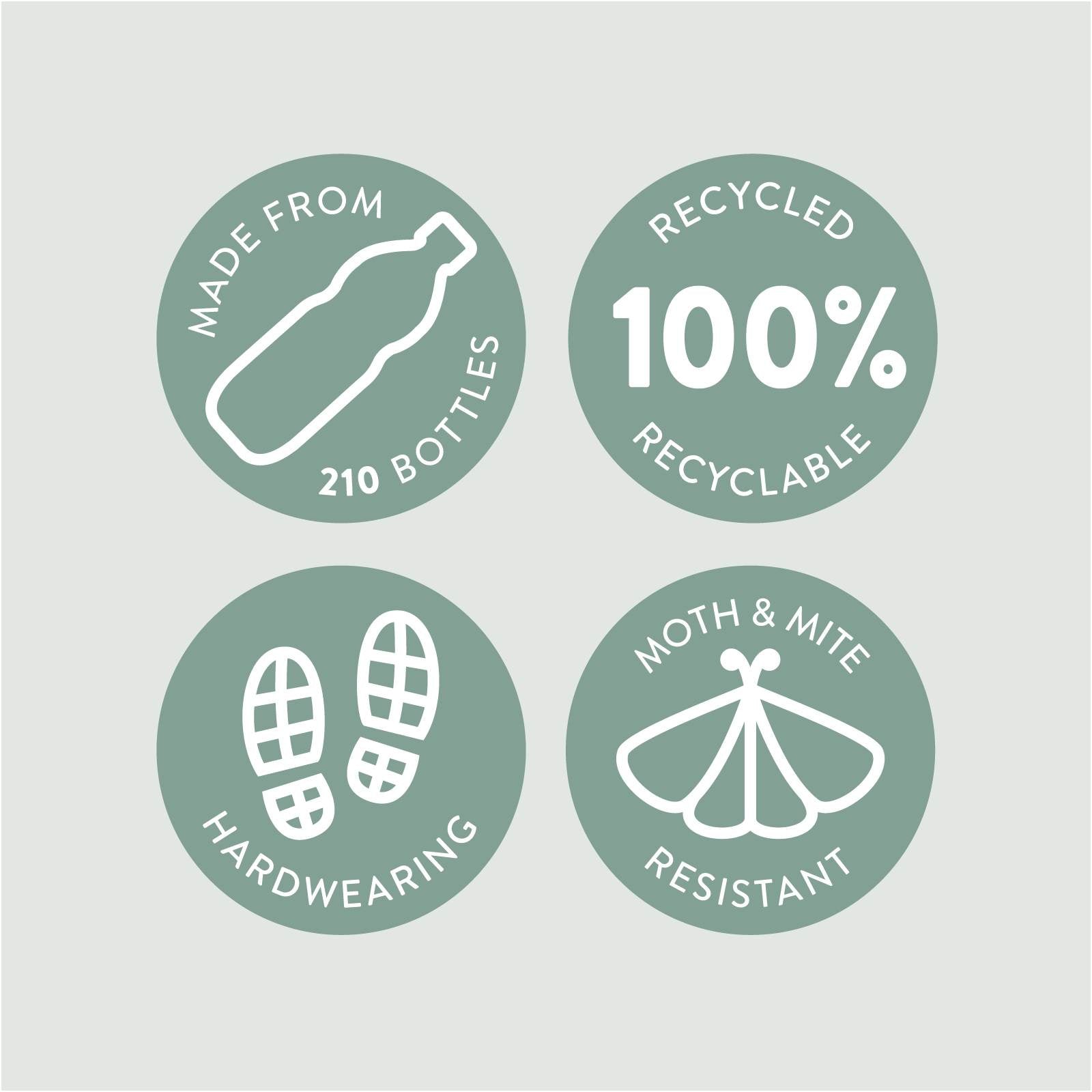 Set of green icons indicating they're made from 210 plastic bottles, 100% recycled and recyclable, hardwearing and moth and mite resistant.