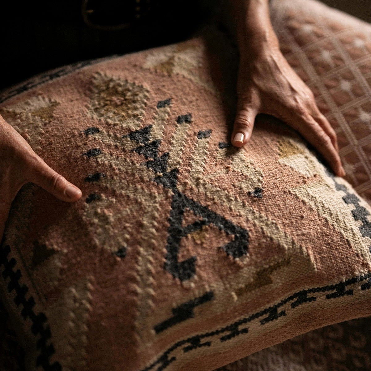 Close-up of a hand touching a pink patterned Aster kilim weave cushion.