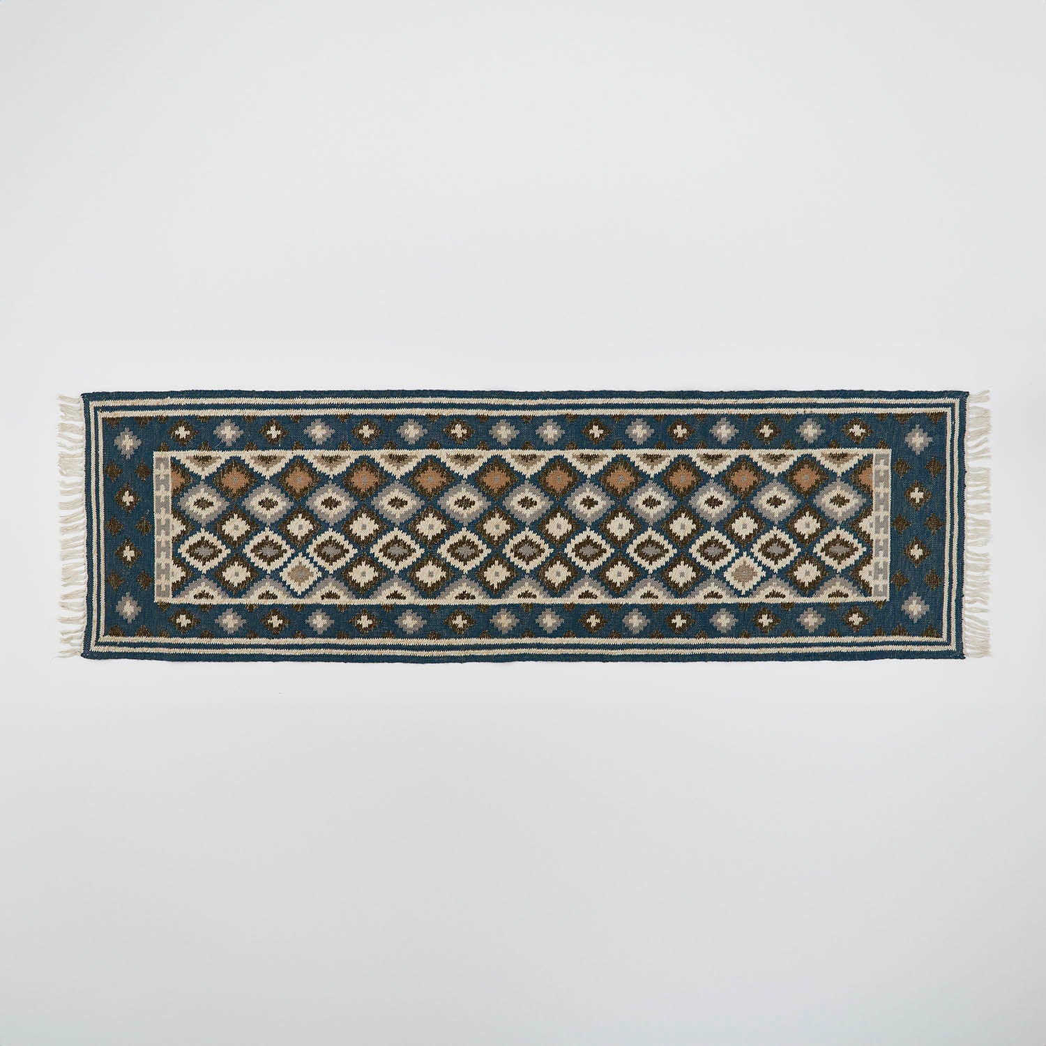 blue geometric patterned runner rug