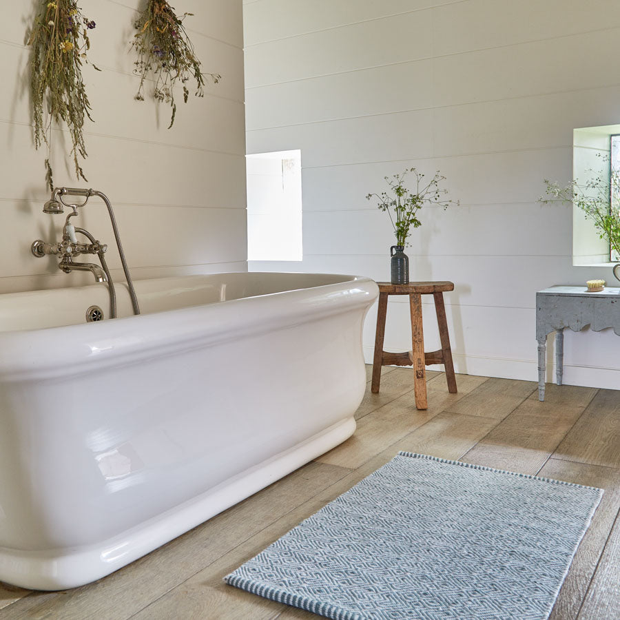 teal provence rug in bathroom 