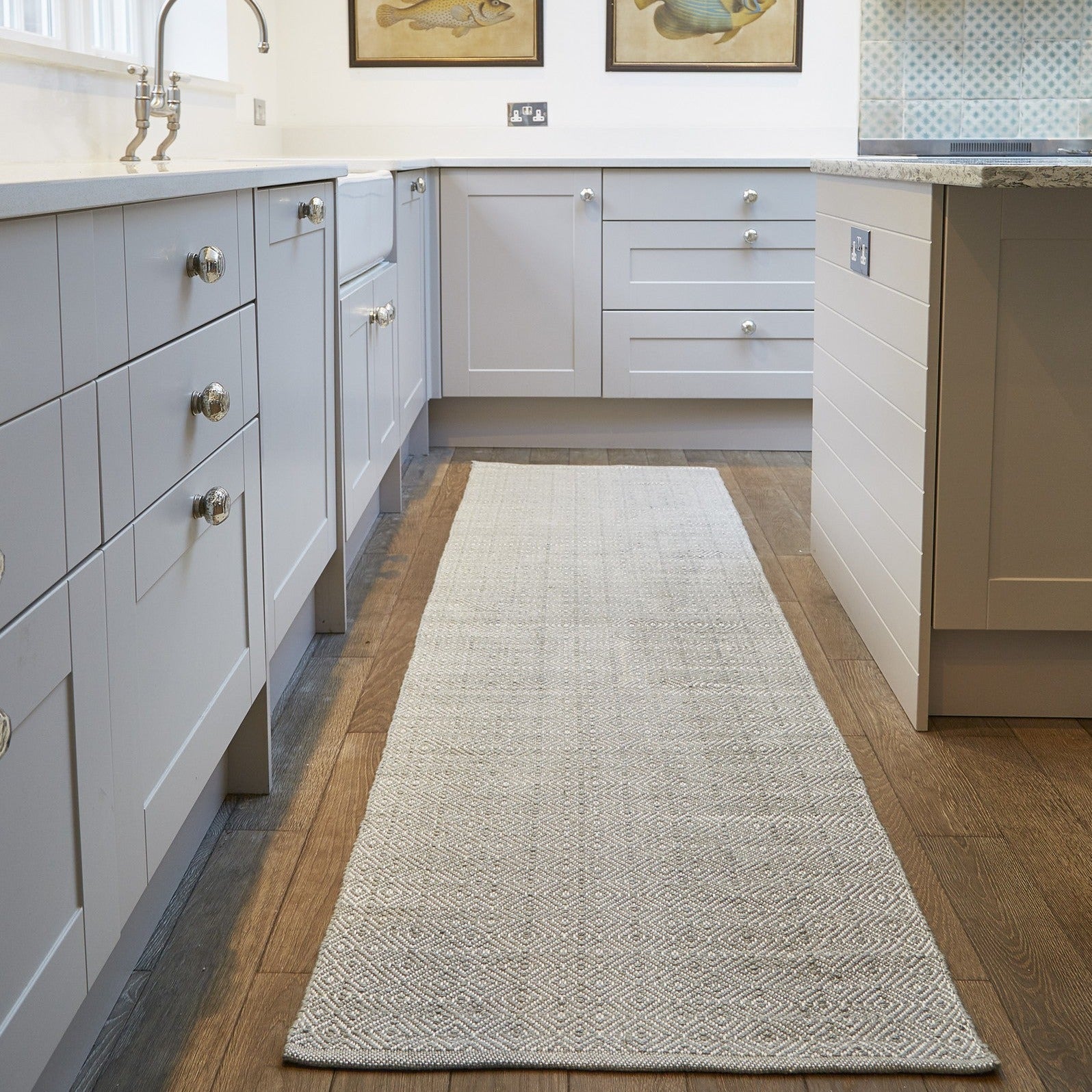Dove Grey Diamond Runner Rug in a grey kitchen