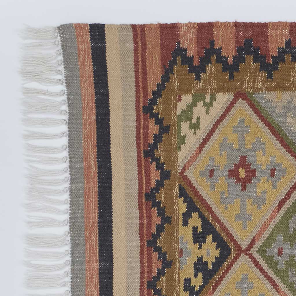 Geometric patterned rug in neutral brown, olive and yellow tones 