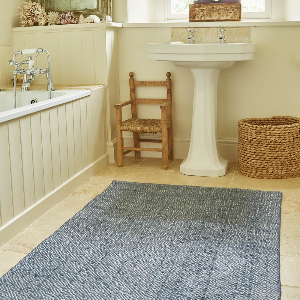 Navy Diamond Runner Rug in bathroom